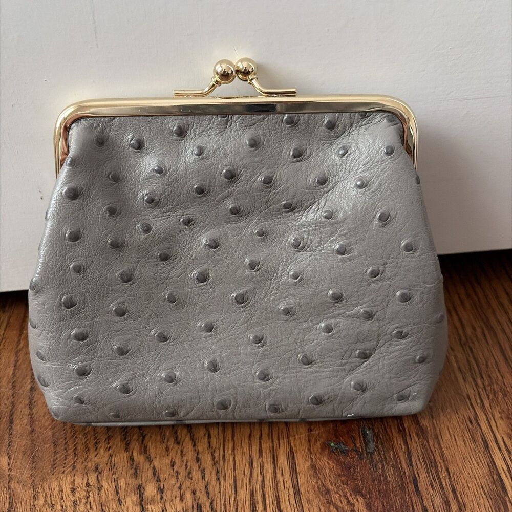 Dooney & Bourke Ostrich Embossed Large Frame Coin Purse in GRAPHITE GRAY - Picture 2 of 5